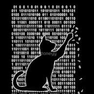 This is a picture of a cat playing with binary code on a black screen.